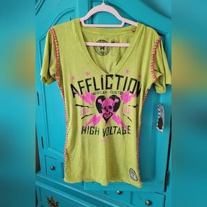 NWT - Y2K Affliction Women's Lime 'High Voltage' V-Neck Tee with Pink Graphic